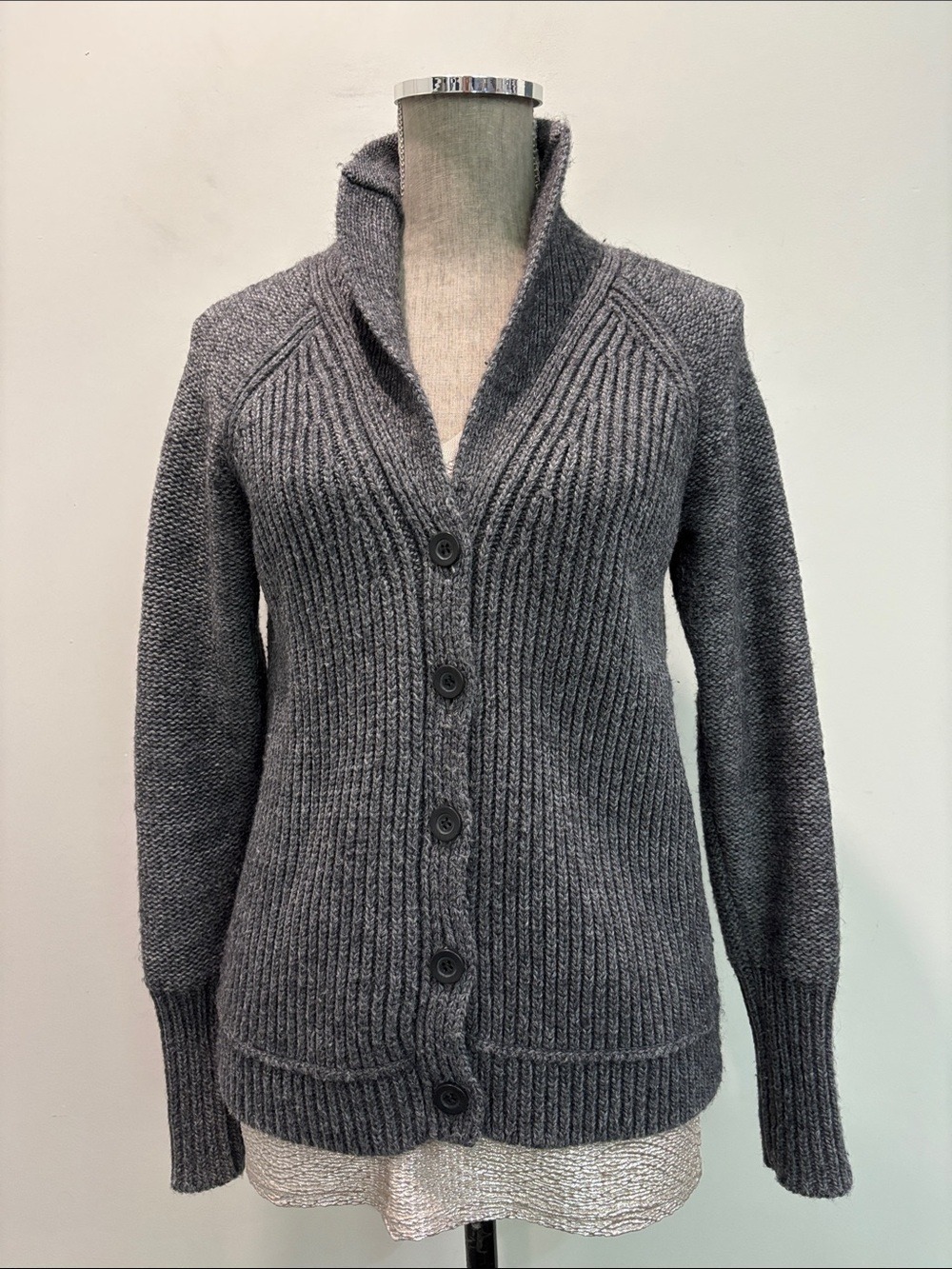 J.Crew Grey Wool Mohair Chunky Shawl Collar Cardigan Sweater Size L - Picture 3 of 15